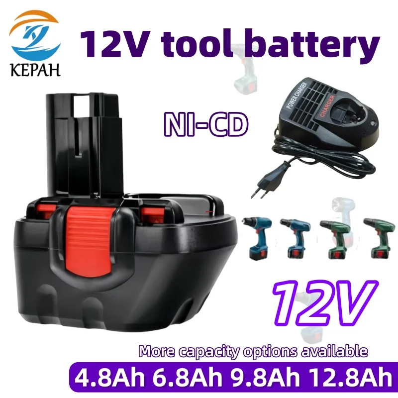 12V 4.8-12.8Ah Ni-MH Rechargeable Battery Pack｜Replacement for Bosch Cordless Drill & Screwdriver + Charger