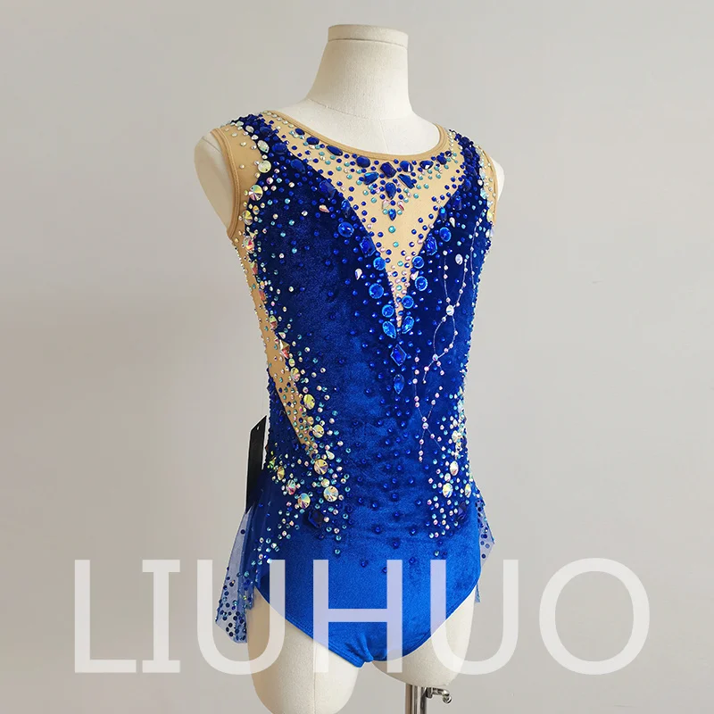 LIUHUO Trikot für rhythmische Gymnastik, blauer Samt, für Wettkämpfe, Cheerleading-Auftritte für Kinder, BD8984