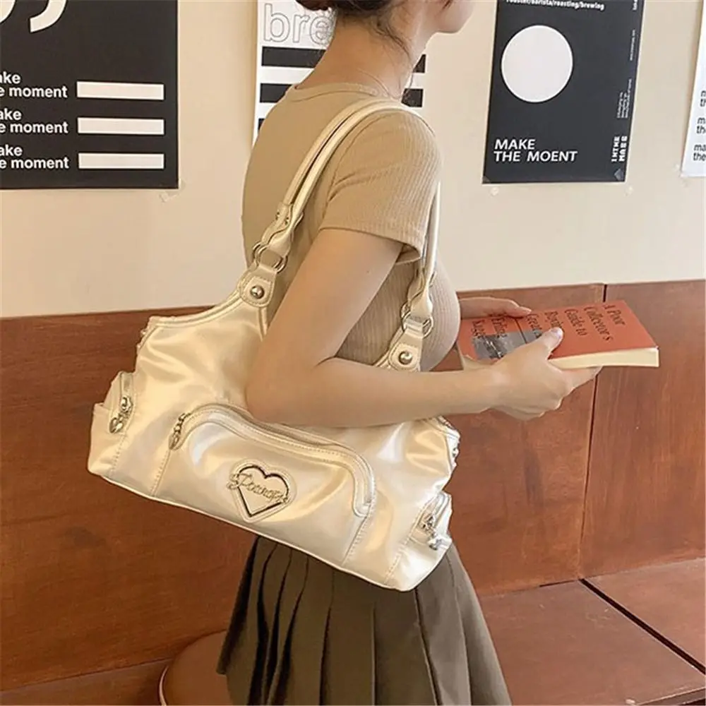 

American Pearl White Shoulder Bag Multiple Pockets Heavy-Duty Underarm Bag Y2K Women's Hobo Handbags for Women
