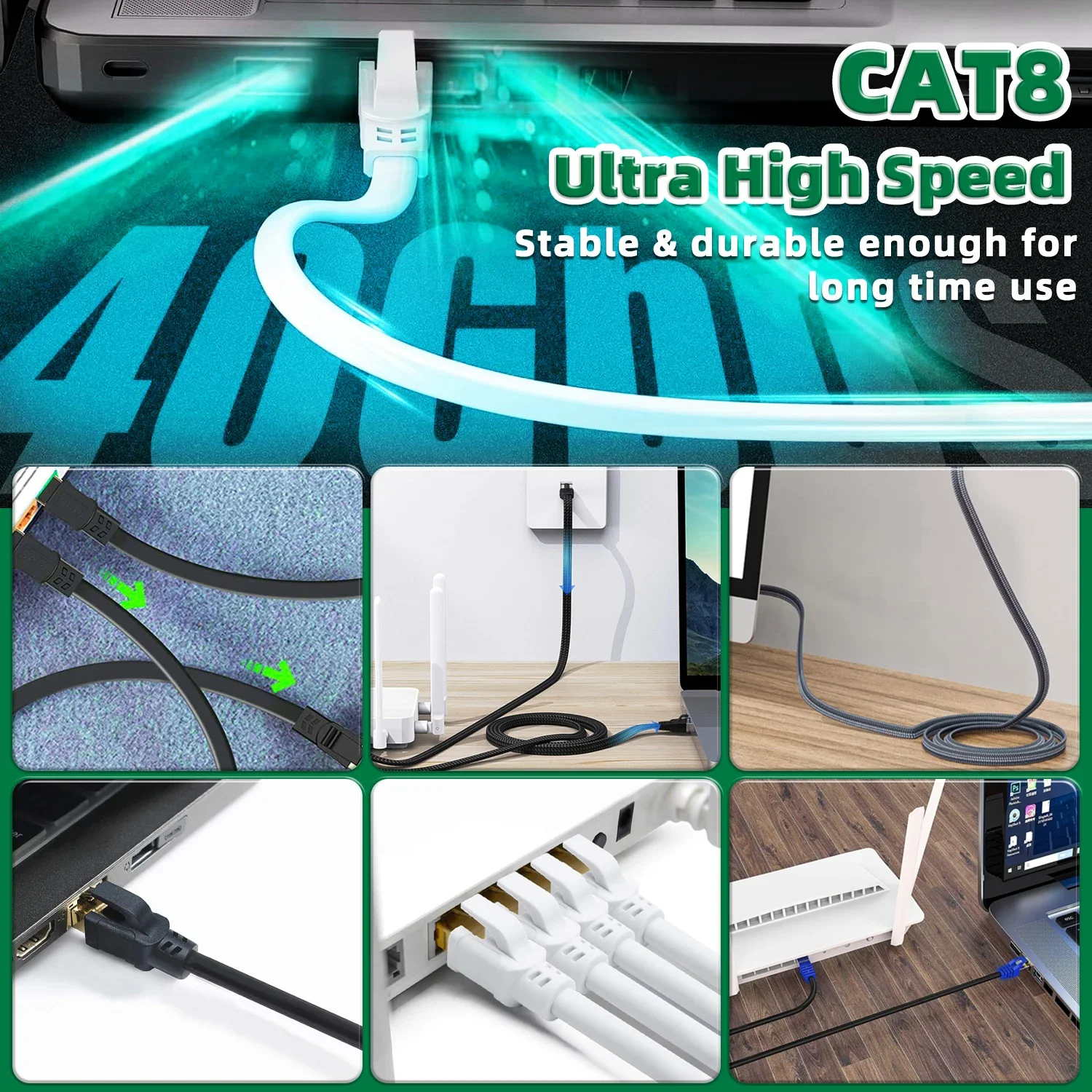 White Cat8 Ethernet Cable Flat Lan Cable High Speed RJ45 40Gbps For Home Networking Router Modem Computer,PC,Ps4, TV ,Laptops