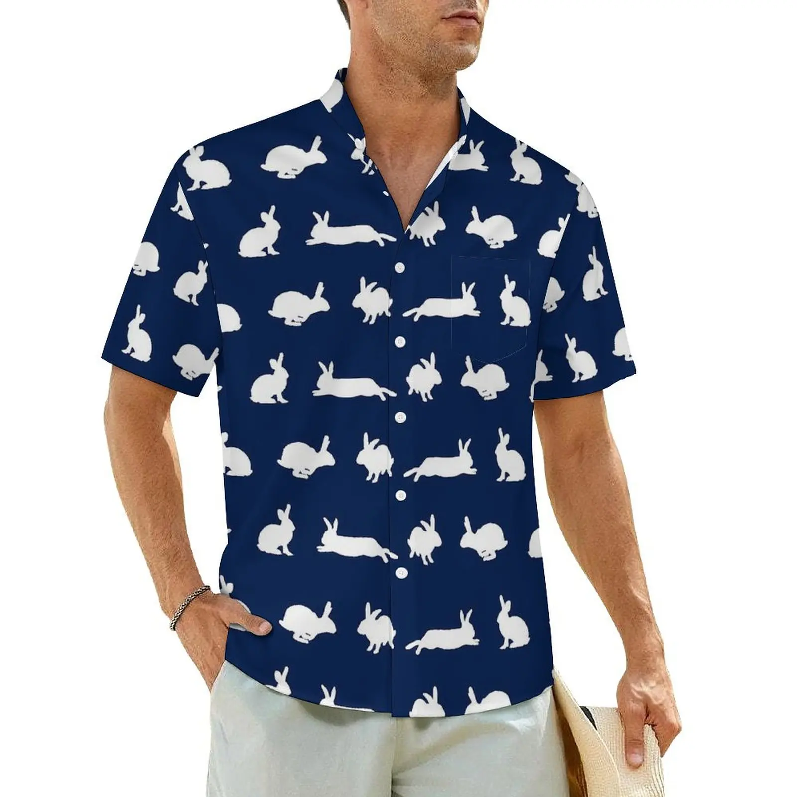 Hawaiian Shirt Beach White Rabbit Blouses Bunny Frenzy Trendy Casual Shirts Men Short Sleeve Stylish Oversized Tops