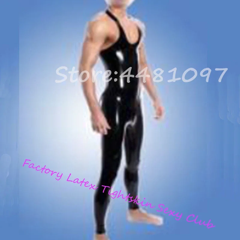 Black Sexy Latex Rubber Jumpsuit Latex Tight Bodysuit With Crotch Zipper  U-neck Vest for Men XS-XXXL