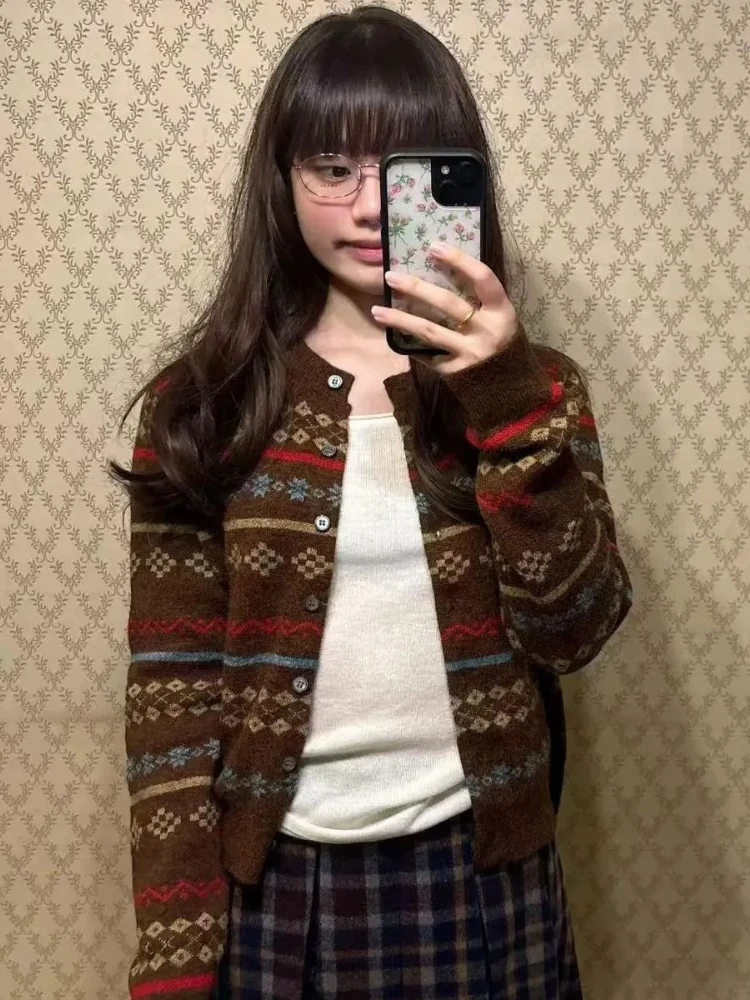 

Винтажный жаккардовый вязаный кардиган, женский осенне-зимний облегающий свитер с круглым вырезом и длинными рукавами, модные укороченные топы