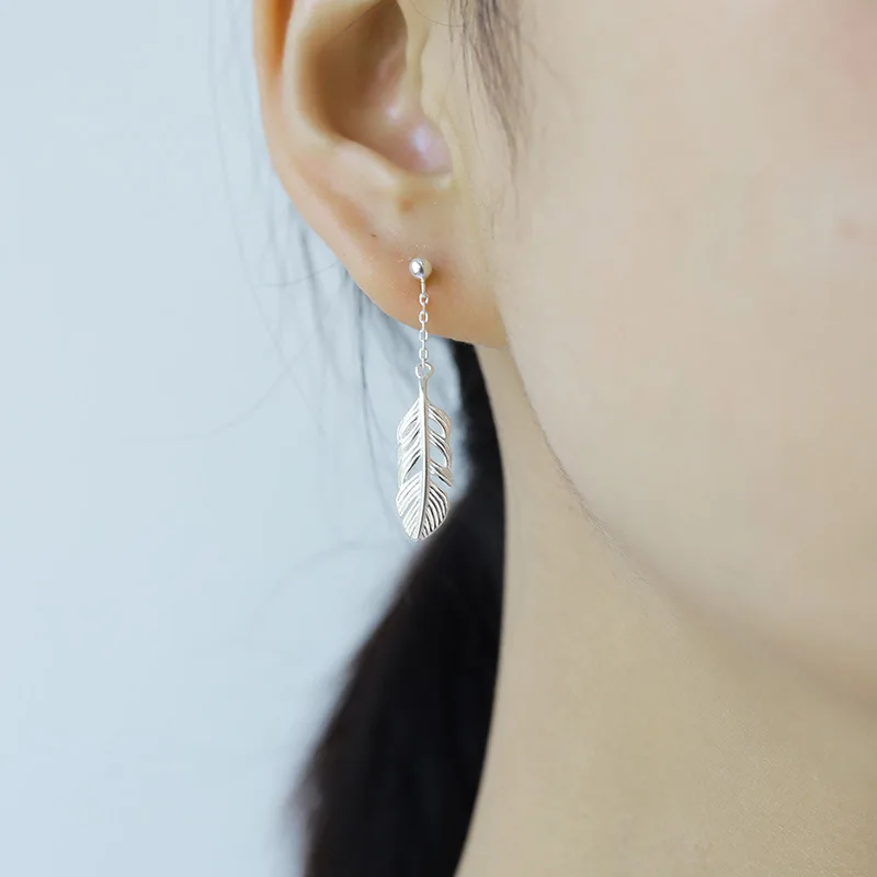 925 Sterling Silver Feather Earrings Women Simple Fashion Wedding Jewelry Accessories