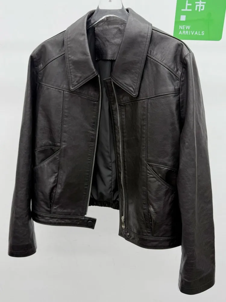 Streetwear Female Turn-Down Collar Genuine Leather Jacket Solid Color Sheepskin Long Sleeves Outwear