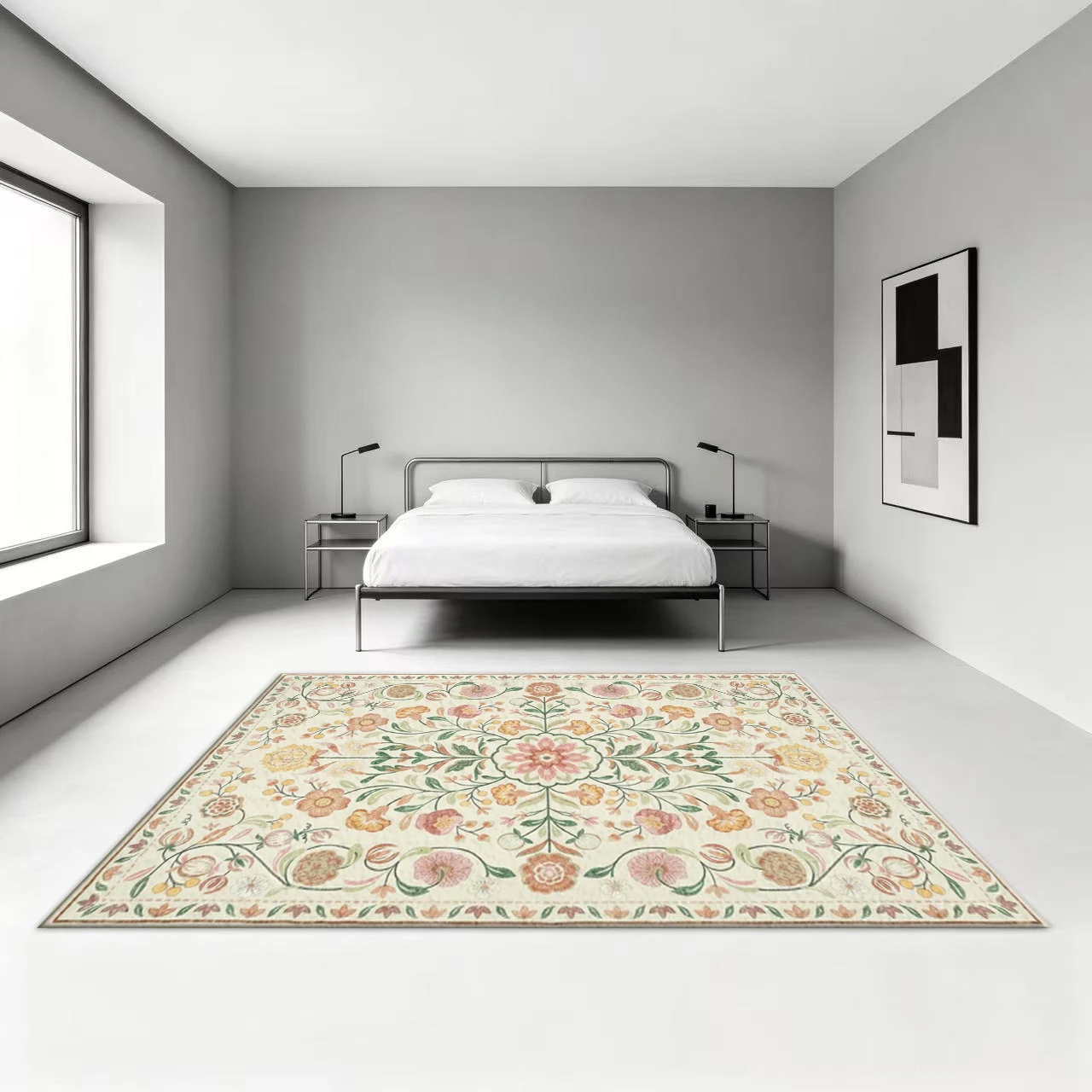 Cream Base Pastel Floral Symmetric Square Area Rug Retro Botanical Medallion Printed Floor Carpet for Living Room Bedroom Home Decor