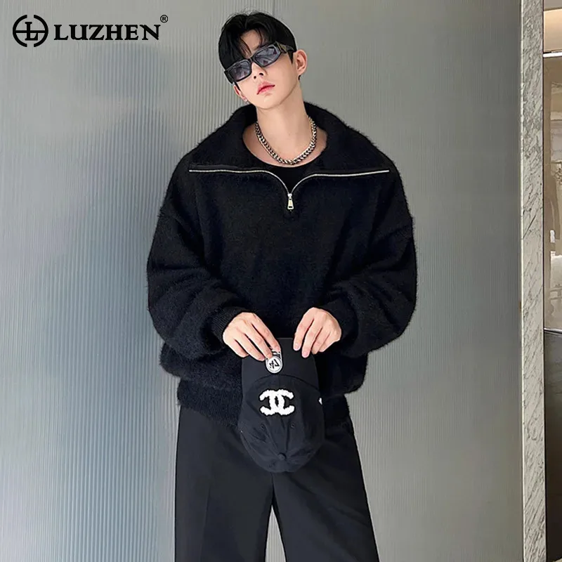 LUZHEN Stand Korean Clothes Fashion Sweater Style Men Personality Neck Zipper Wool Pullovers Trend Male Casual Spring New LZ6220