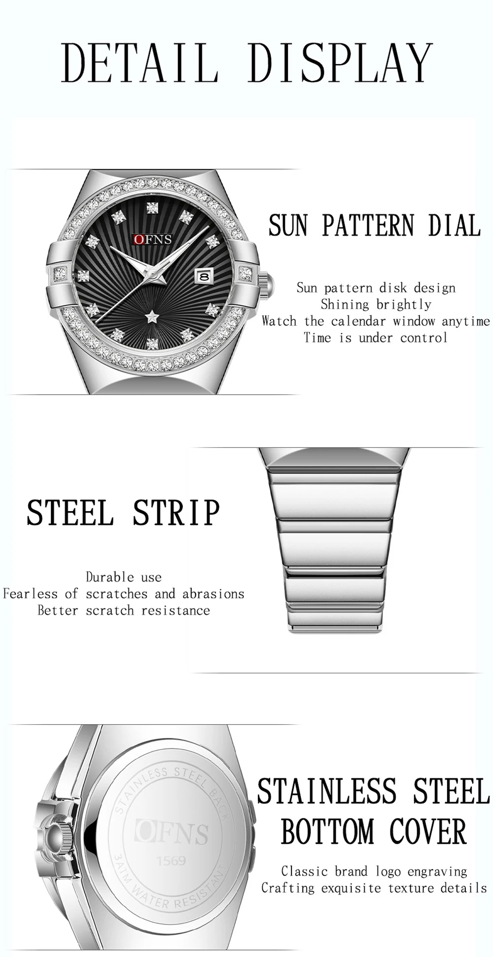 OFNS 1569 Fashion Korean Edition Diamond encrusted Women's Quartz Watch Waterproof Calendar Night Light Women's Quartz Watch