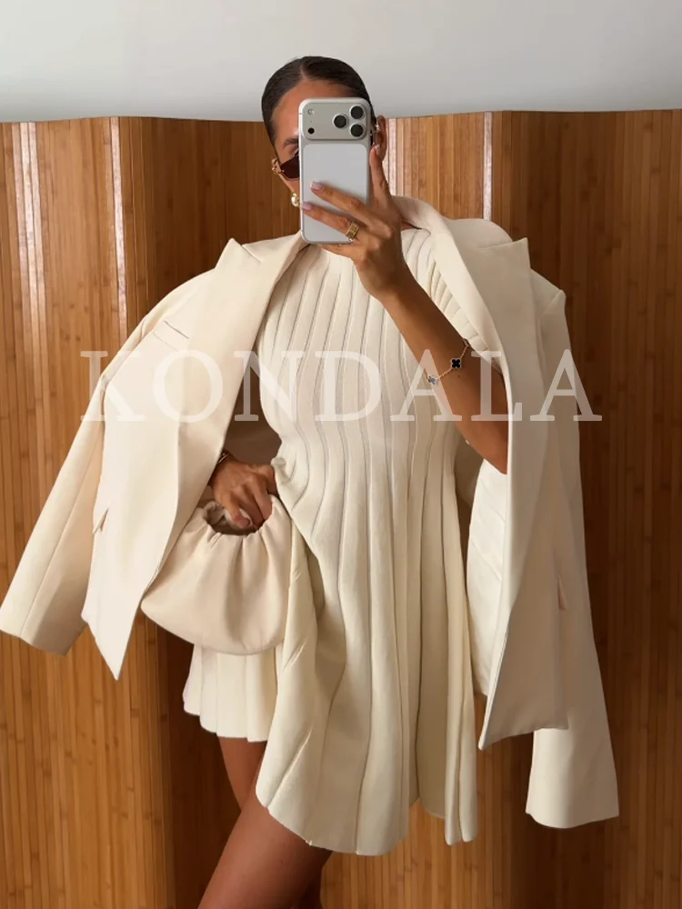 KONDALA Elegant Simple Ribbed Knitted Dress Women Bubble Short-Sleeved Dress New 2026 Spring Summer Chic Commute Holiday Dress