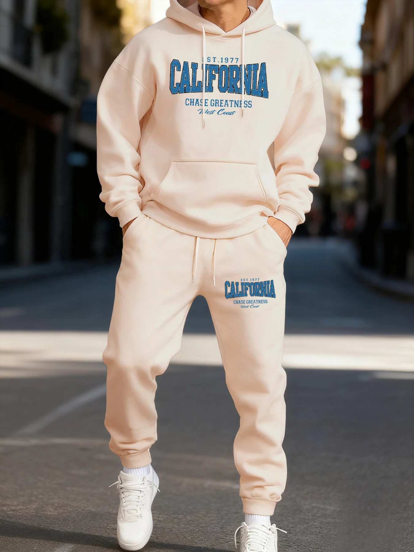 

Мужской комплект с капюшоном с принтом California Chasing Greatness, зимняя мода, комплекты из двух предметов, свободные толстовки для бега, флисовые брюки с карманами