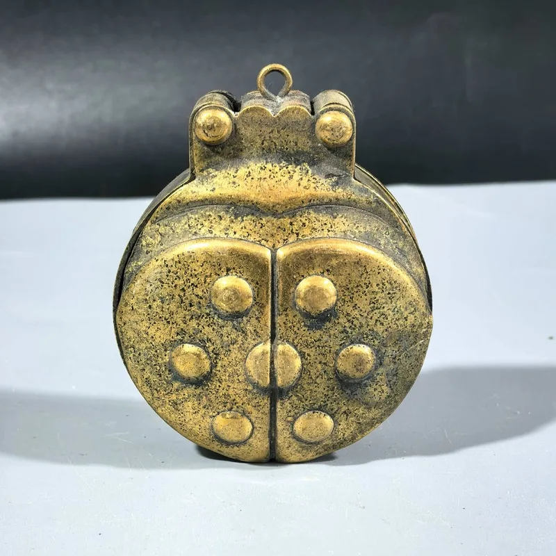 Brass seven-star ladybug inkstone with water grinding feature, calligraphy four treasures collection, antique decorative item