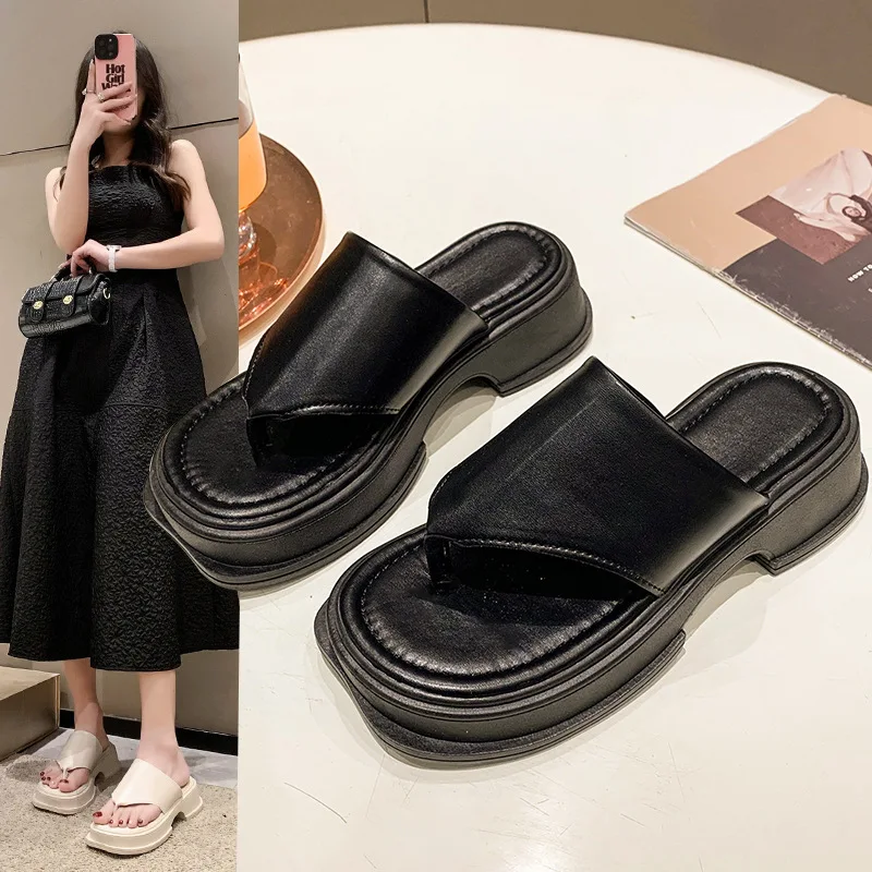 Shoes Rubber Flip Flops Low Slippers Women Summer Slides Pantofle Shale Female Beach Platform Hawaiian 2024 Sabot Rome PU Hoof H