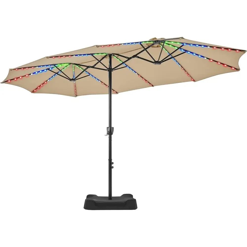15ft Large Double-Sided LED Patio Umbrella with Crank and Base for Outdoor Market, Garden, Yard, Pool, Lawn