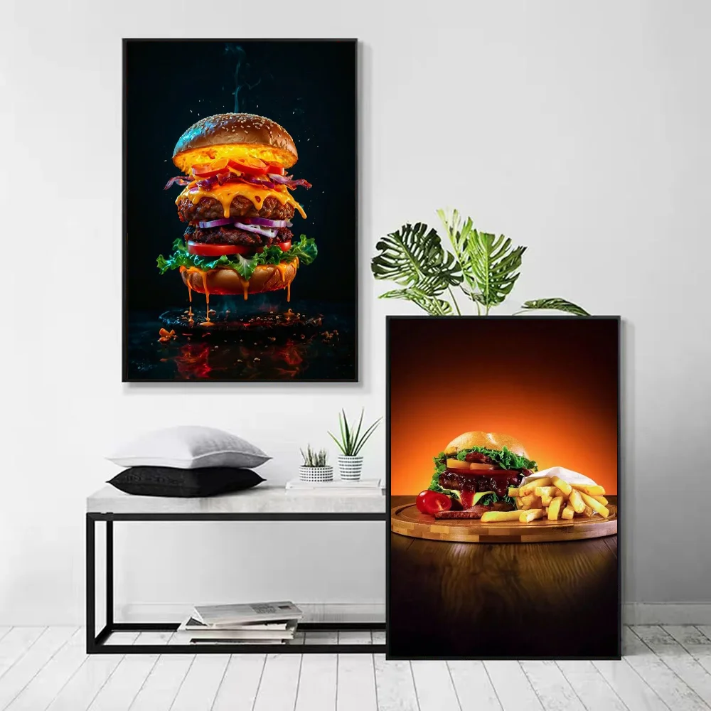 1pc Delicious Fast Food Beef Burger Fries Poster Self-adhesive Art Waterproof Paper Sticker Coffee House Bar Room Wall Decor