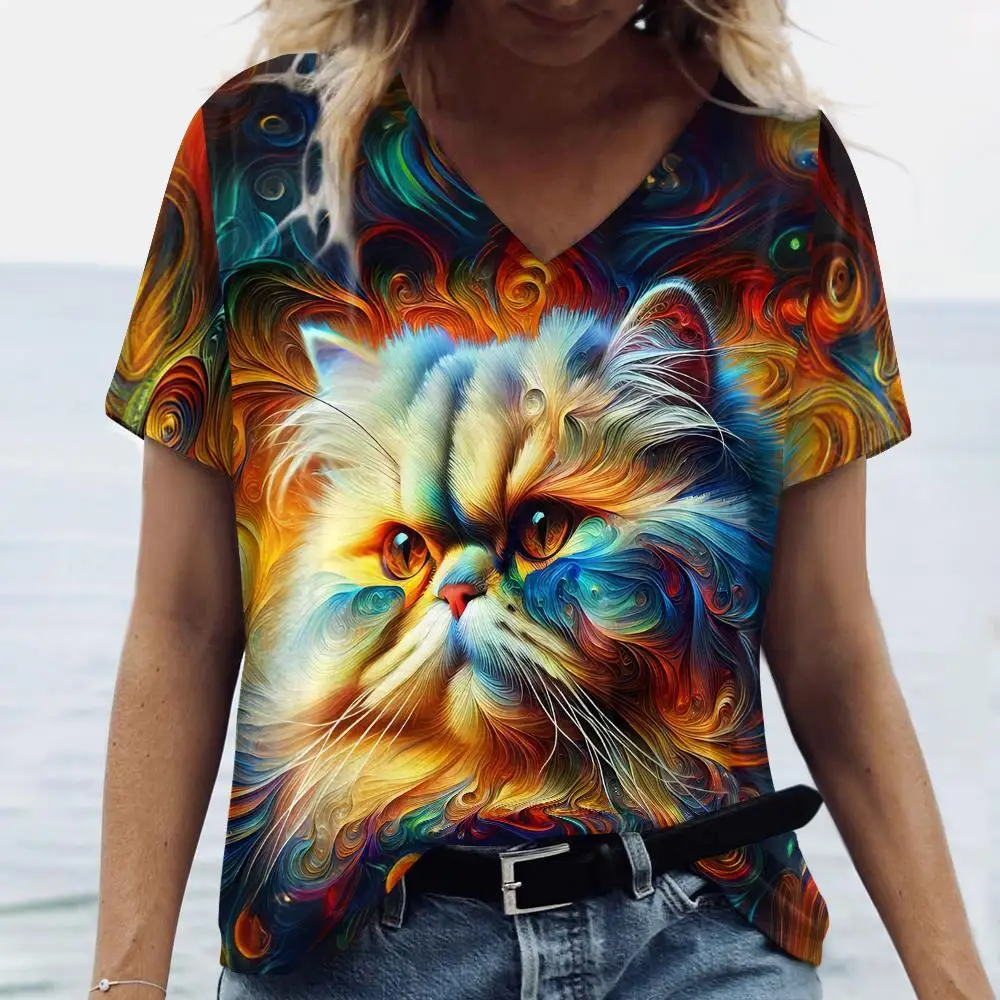 Colorful Cat Print Women's T-Shirt Casual Female Clothing Fashion V-neck Short Sleeve Tops Summer Streetwear Oversized Girls Tee