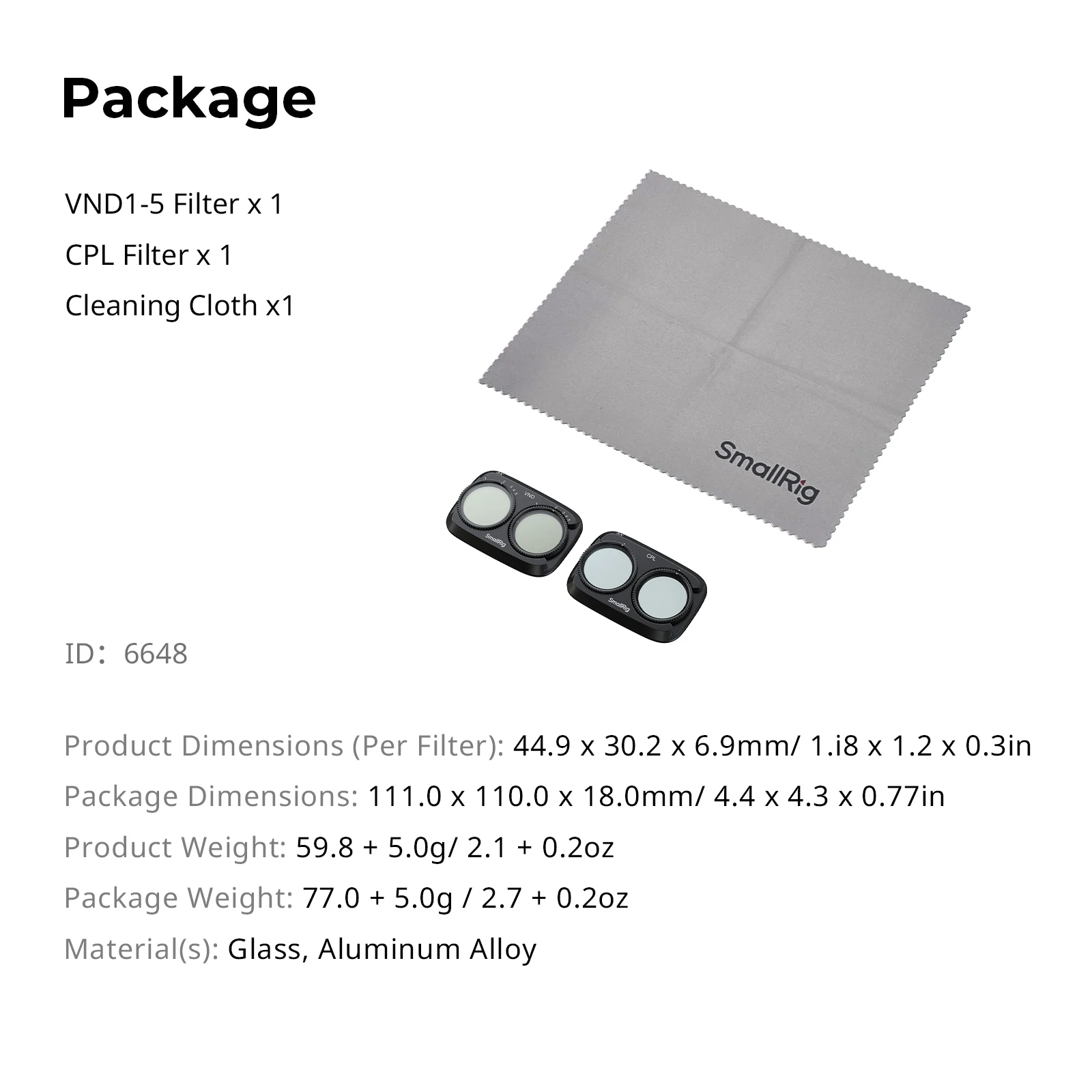 SmallRig 4P Filterkit voor DJI Osmo Pocket 4P VND1-5 CPL-filter met reinigingsdoekje voor DJI Osmo Pocket 4P 6648