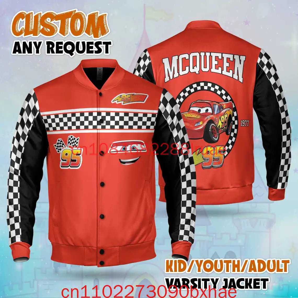 

Custom Lightning McQueen Varsity Jacket Personalized Disney Cars Baseball Jacket Lightning McQueen Kids Youth Adult Varsity Jack