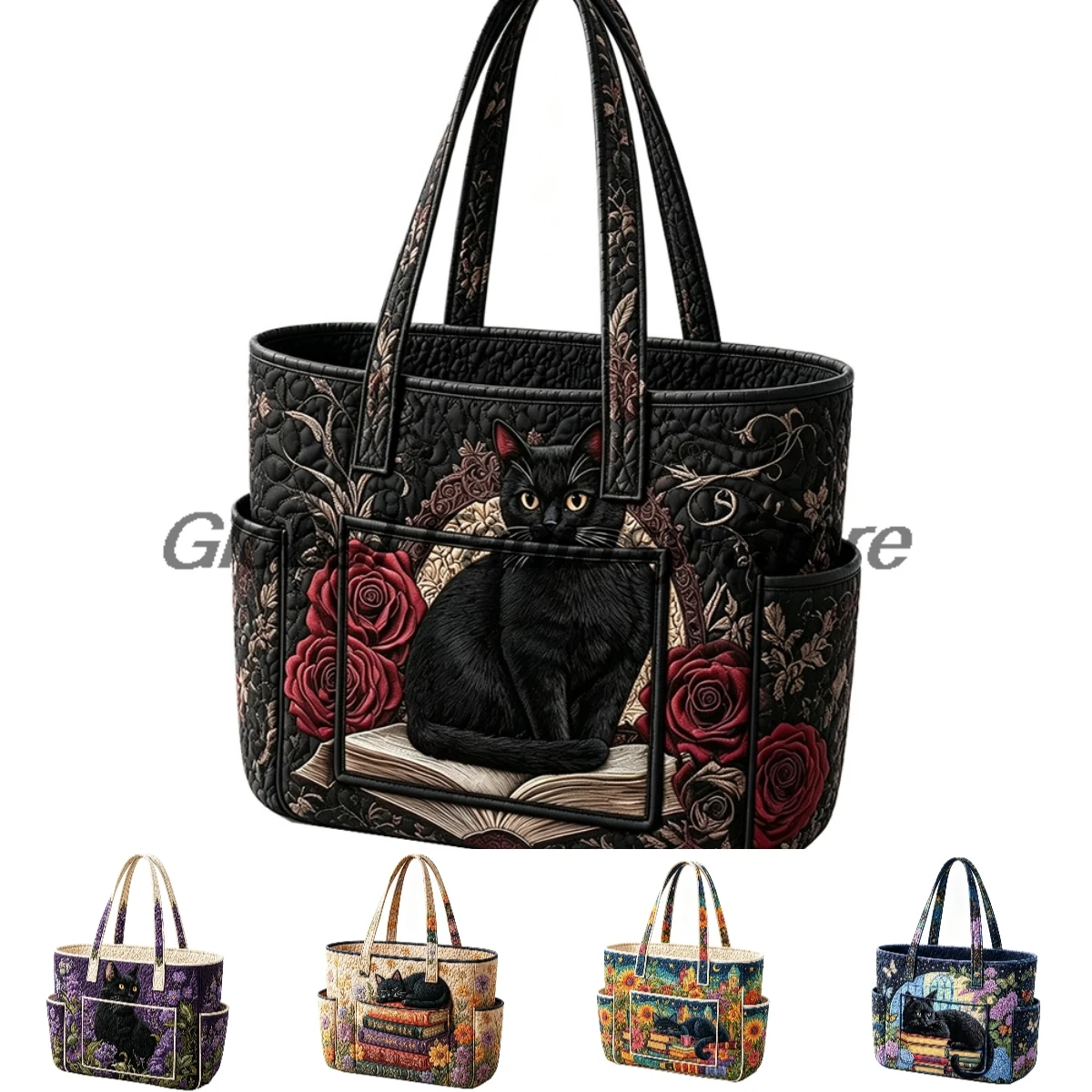 Black Cat Floral Books Print Multiple Pockets Quilted Tote Bag Shoulder Handbag Women Daily Shopping Bags