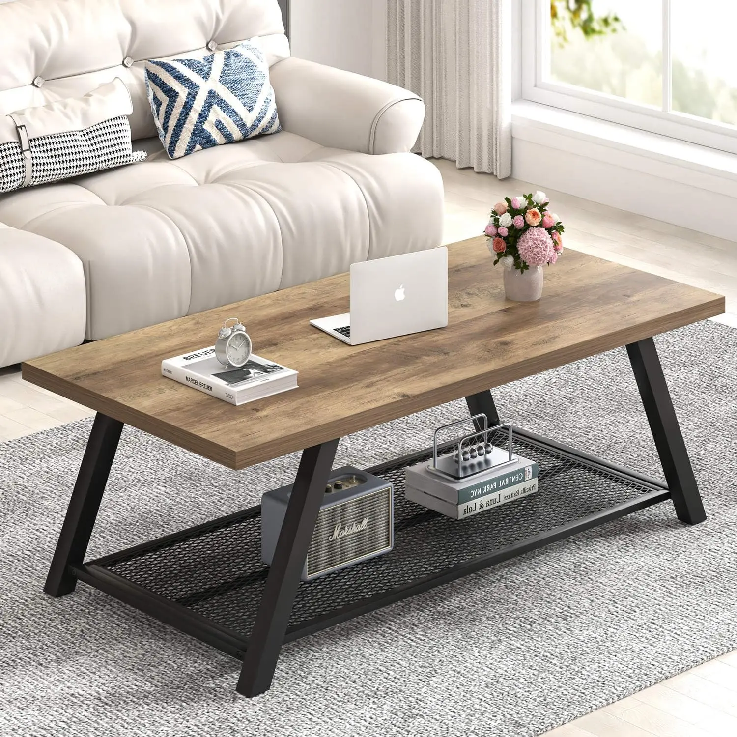 Rustic Oak Coffee Table for Living Room 47 Inch, Customized