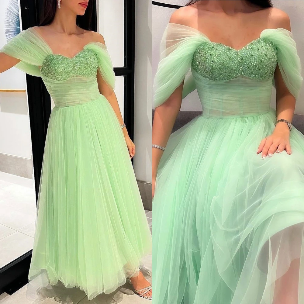 Vestido de baile de Arabia Saudita, traje de tul con abalorios, hombros descubiertos, a medida, Midi