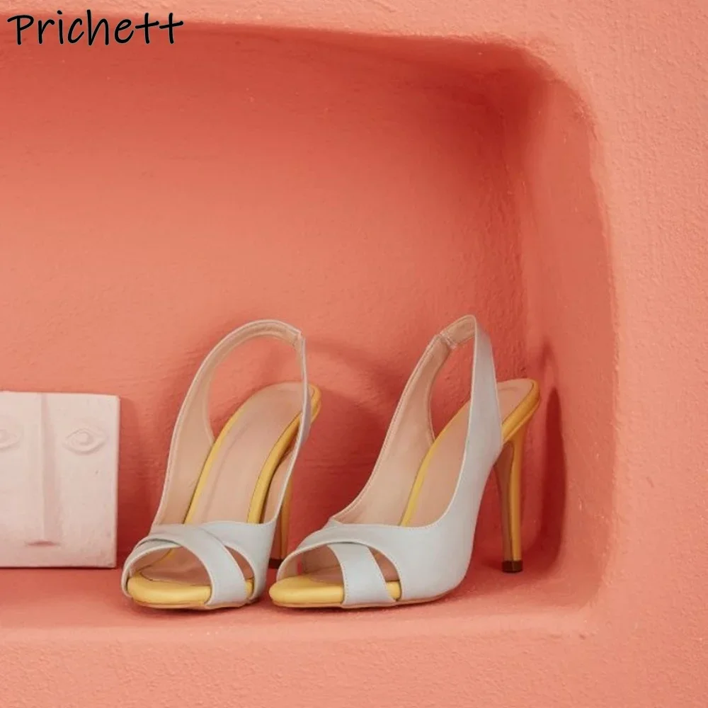 

Patchwork Cross Band Sandals Thin Heels Slingback Peep Toe Leather Fashion Shoes White Yellow Women's Summer Stiletto Shoes