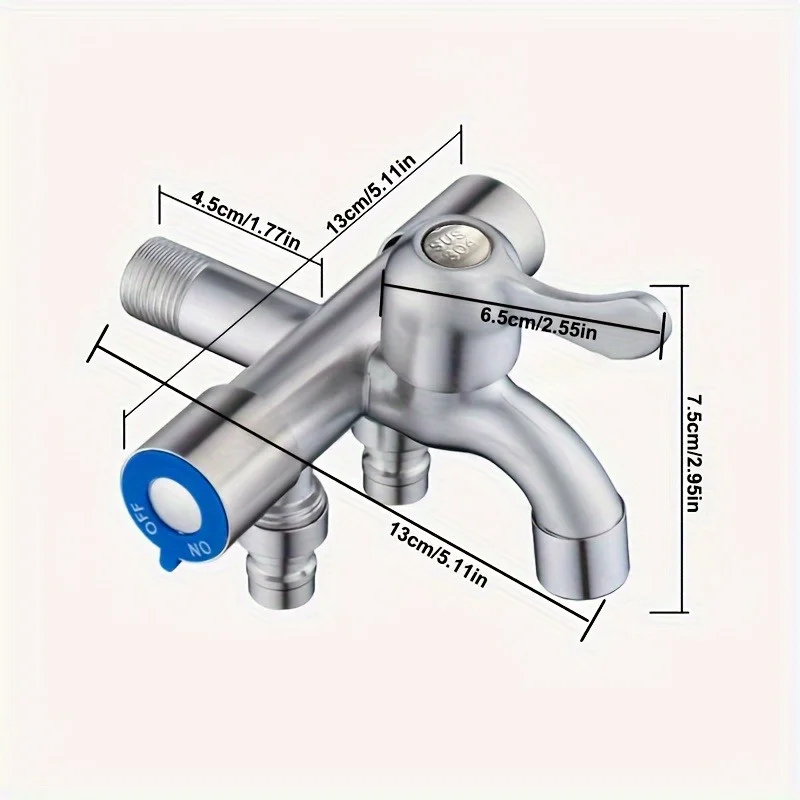 Stainless Steel Three Way Tap, Bathroom Sink Faucet, Washing Machine 2 Way Angle Valve, Multifunctional Faucet