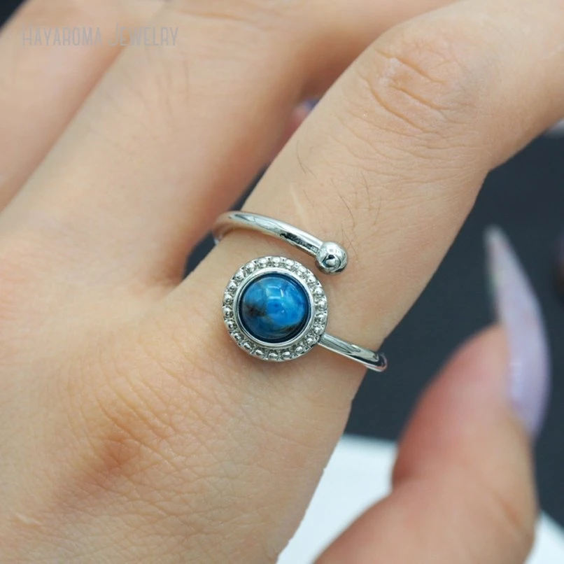 10Pcs Wholesale Round Coin Shape Circle Semi-precious Stone Apatite Silver Color Ring RM51360