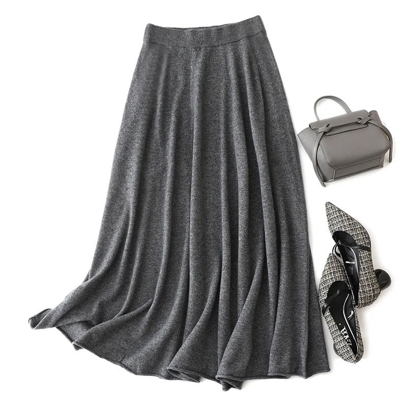 A-line Skirt for Women 2024 New Spring Autumn Cashmere High Elastic Waist Fashion Casual Knitted Long Jupe