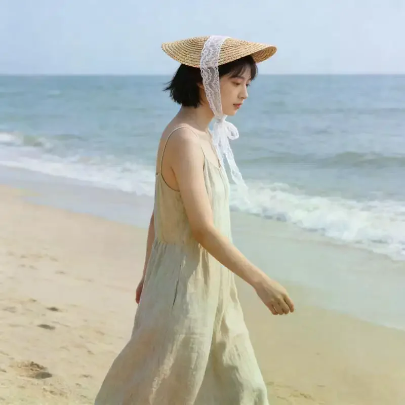 French Style Lolita Straw Hat Victorian Bonnet Sweet Lace-up Beach Hat Hair Accessories Handmade Flat Top Hat