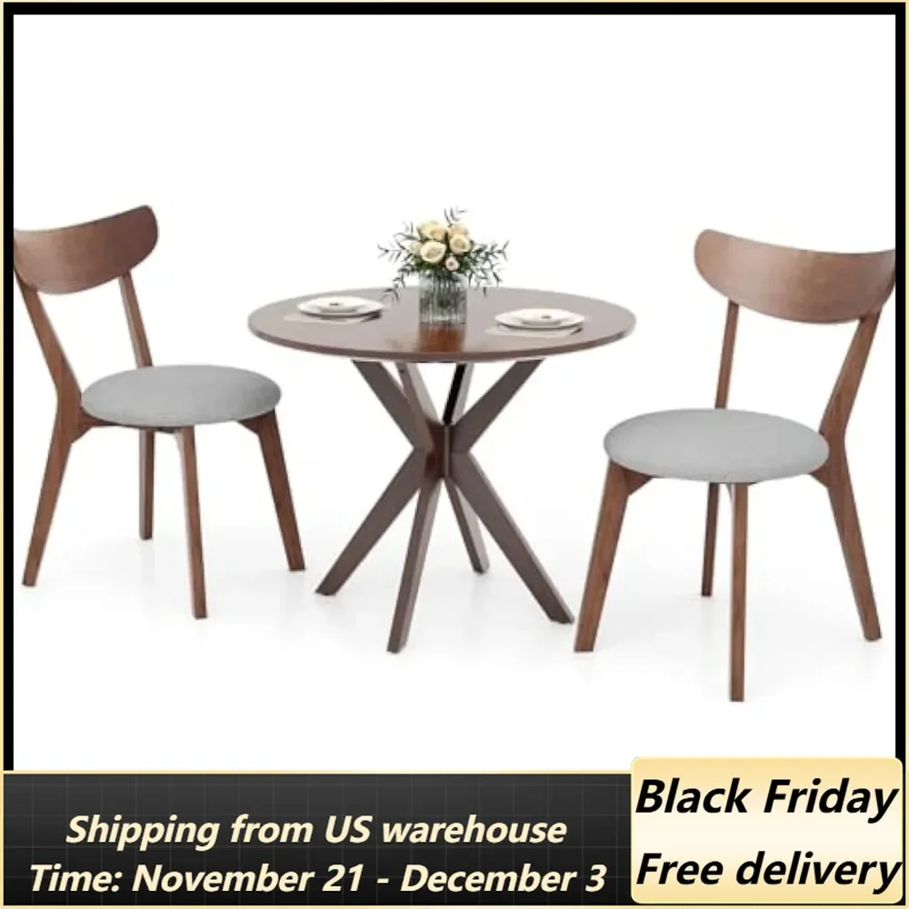 Dining Table Set for 2, Small Kitchen Table Chairs Set of 2, Mid-Century Wooden Round Dining Table