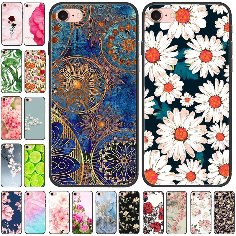 For iPhone SE 2020 2016 Case Soft Silicone Marble Flower Black Phone Cover for Apple iPhone SE 2022 iPhoneSE TPU Funda Capas