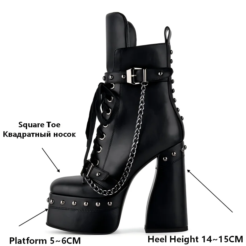 Onlymaker Black Square Toe Gothic Platform Ankle Boots Lace-up Buckle Strap Rivet Stud Zipper Chunky Heel Punk Nightclub Booties