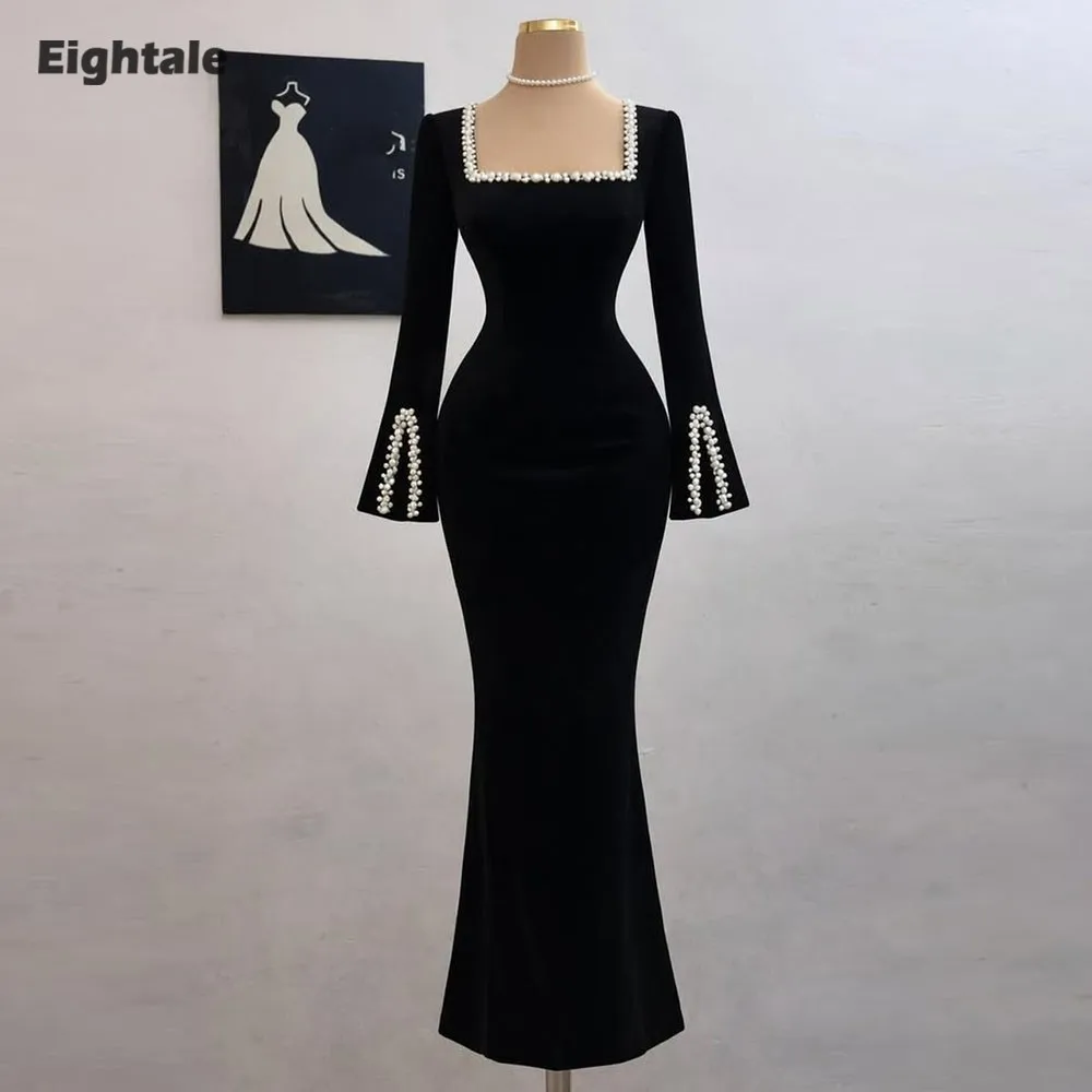 

Eightale Arabic Evening Dress Strapless Prom Gown Customized Beadaed Rhinestones Long Sleeves Muslim Mermaid Wedding Party Dress