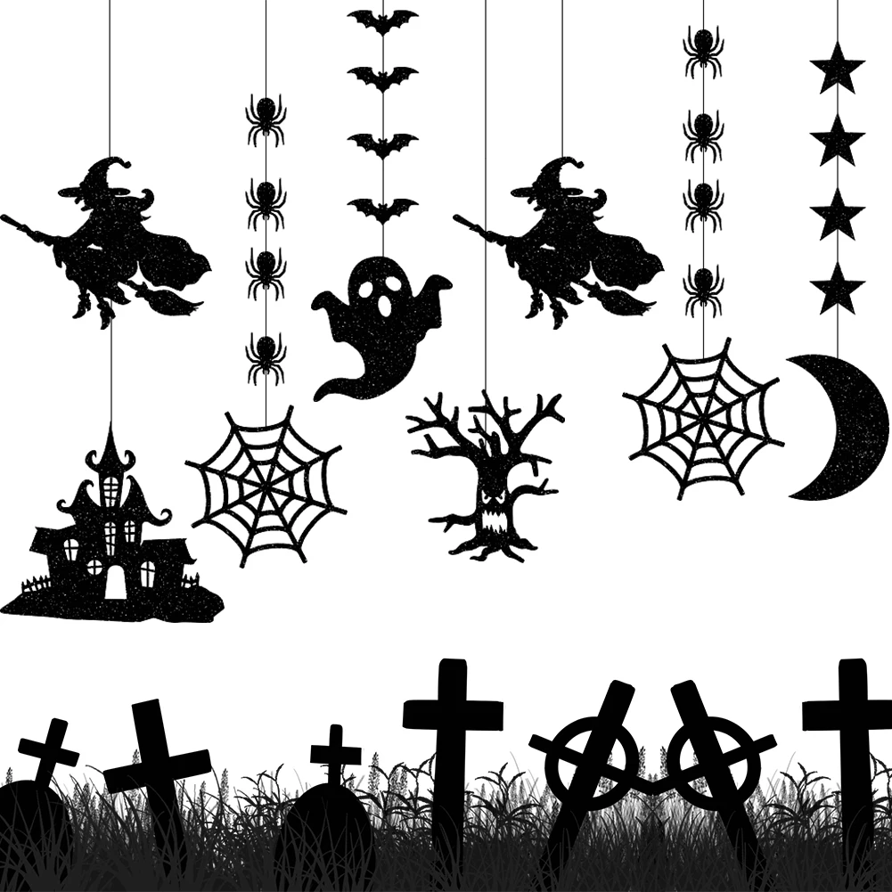 6Pcs Halloween Hanging Banner Garland Scary Spider Witch Ghost Bat Pendant Ornament Happy Halloween Party Decorations for Home