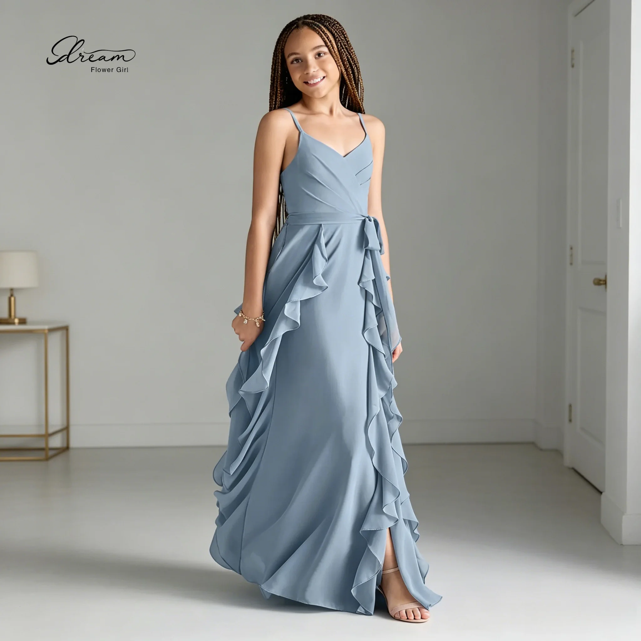 Elegantly Custom-Made Blue Chiffon Off-Shoulder Sleeveless Floor-Length A-Line Formal Children's Gown, Featuring a Fitted Waist