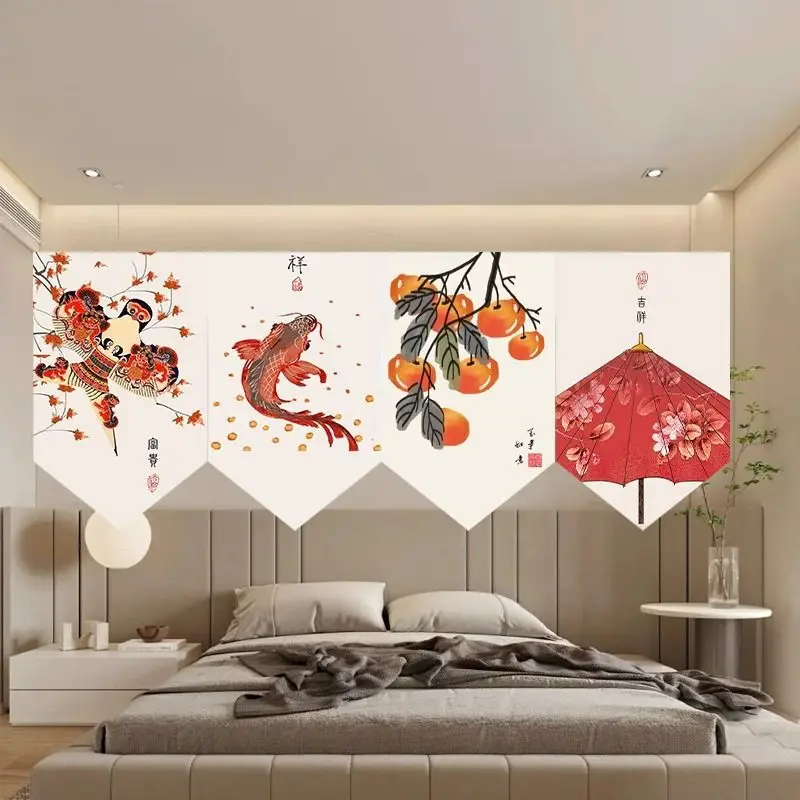 VIKAMA Chinese Kite Koi Persimmon Triangular Curtain Oil Umbrella Auspicious Fruit Traditional Kitchen Window Valance Decor Soft