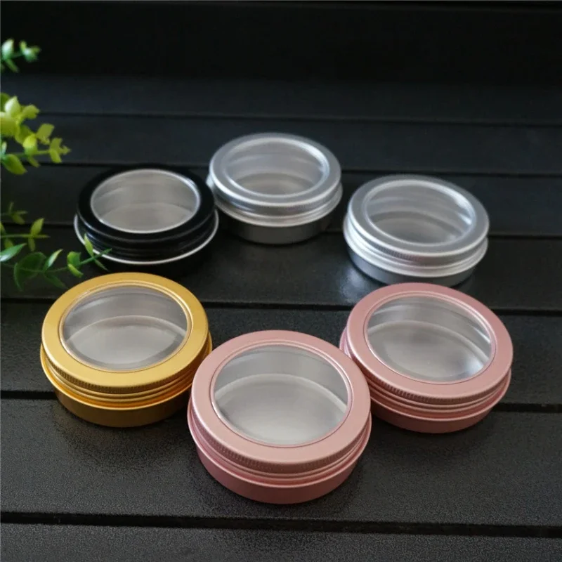 100g ML Gold Empty Round Aluminum Tin Cans Bottle with Window Lids,Pink Skylight Aluminum Box Black Cream Box Tea Aluminum Jar