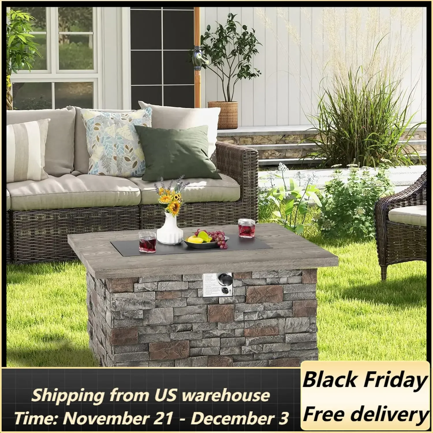 50,000 BTU Propane Fire Pit Table, Patiojoy 43.5 Inch Rectangle Fire Table with Faux Stone Surface, Outdoor Gas Fire Pit Table