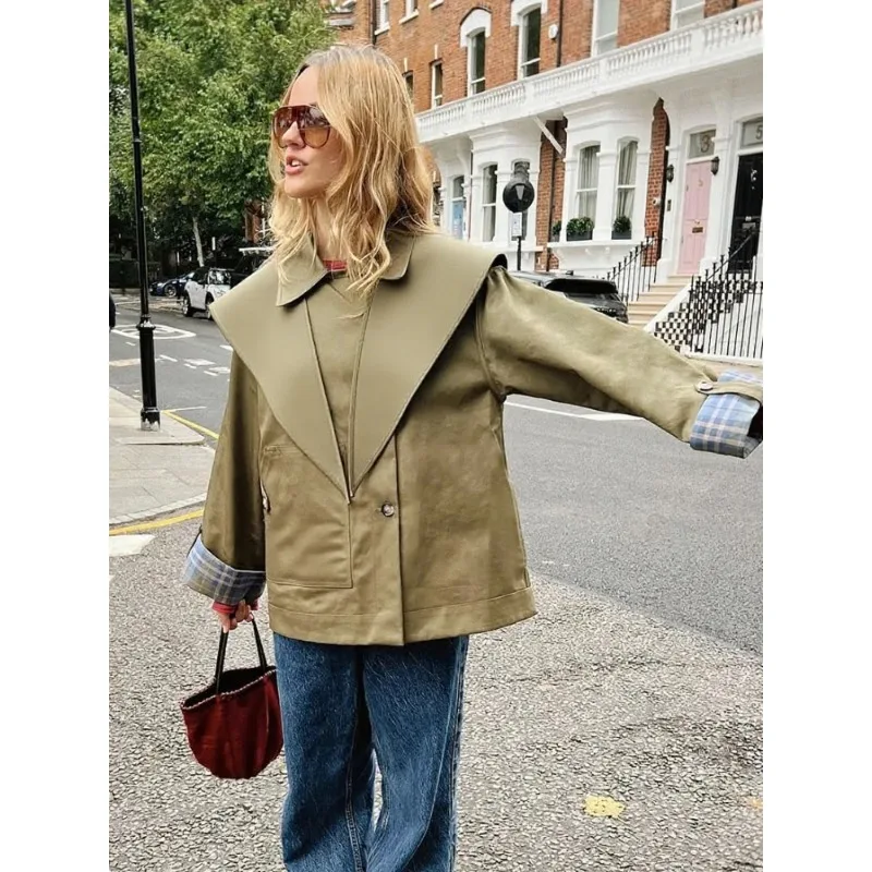 

Модная двусторонняя женская ветровка 2026 года: повседневная куртка оверсайз с отложным воротником, длинными рукавами и карманами