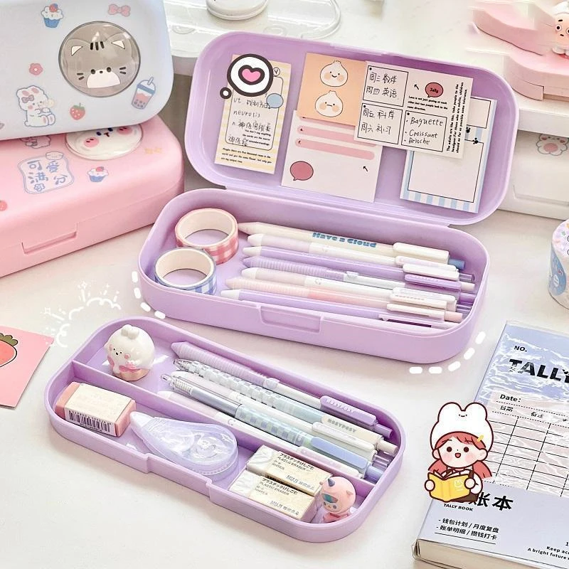 Kawaii Morandi Simple Pencil Case Student Large Capacity Double-layer Pencil Case Cartoon Stationery Organizer School Supplies