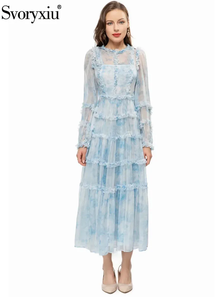 

Svoryxiu High Quality Spring Summer Fashion Elegant Print Midi Dress Women's Lantern Sleeve Cascading Ruffle High Waist Dress