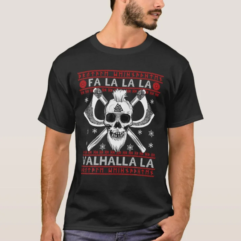 Fa La La La Valhalla Ugly Christmas Vi king Valknut Skull T-Shirt 100% Cotton O-Neck Short Sleeve Casual Mens T-shirt Size S-3XL