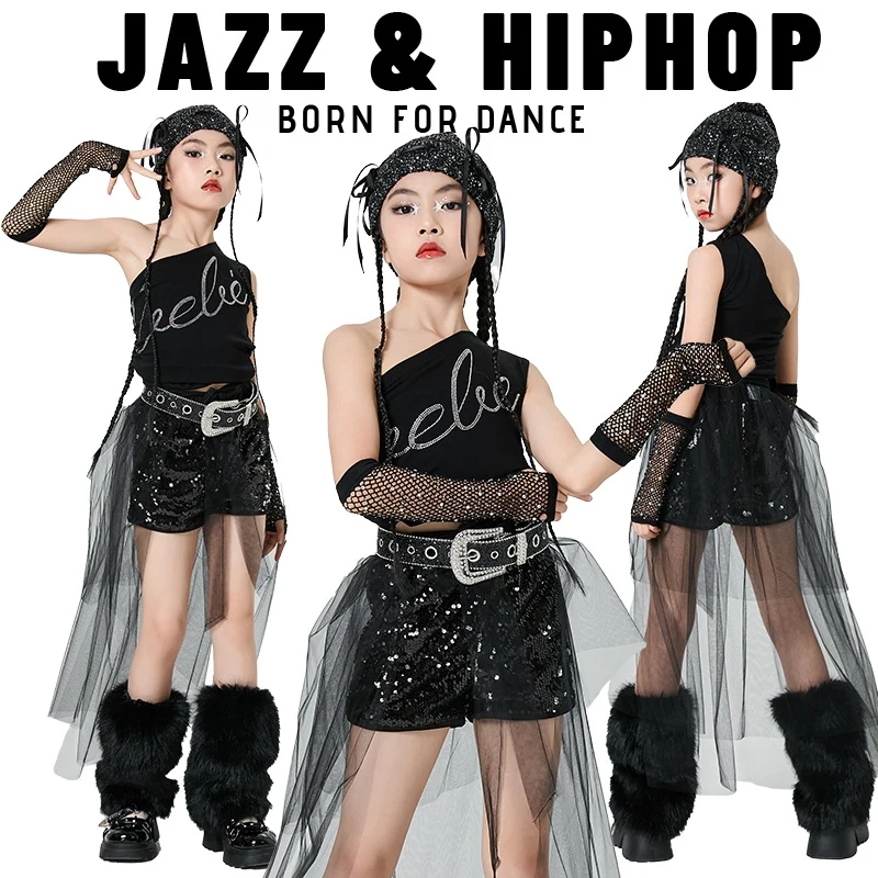 

Детские танцевальные костюмы в стиле хип-хоп для девочек, черный жилет с наклонными плечами, шорты с блестками, одежда для джазовых выступлений, DQS19785