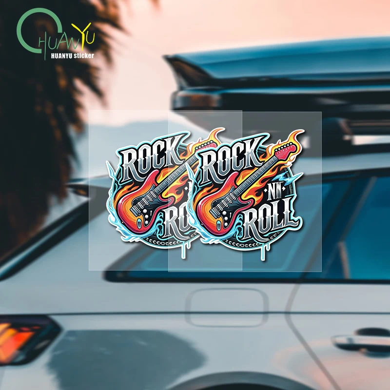 Trendy Electric Guitar Flame Rock 'n' Roll Car Sticker, Personalized Rock Music Theme Body Decoration Decal