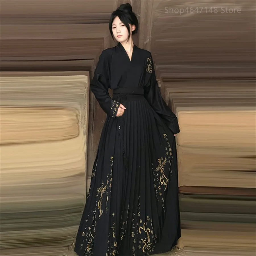 Woman Ming Dynasty Hanfu Horse Face Skirt Chinese Traditional Hanfu Costume Stand Collar Vintage Pleats Skirt Black