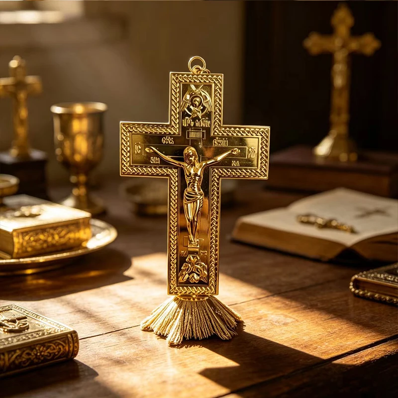 

Premium Gold Plated Standing Cross with Crucifix and Engraved Motifs for Christian Home Altar Prayer and Religious Use