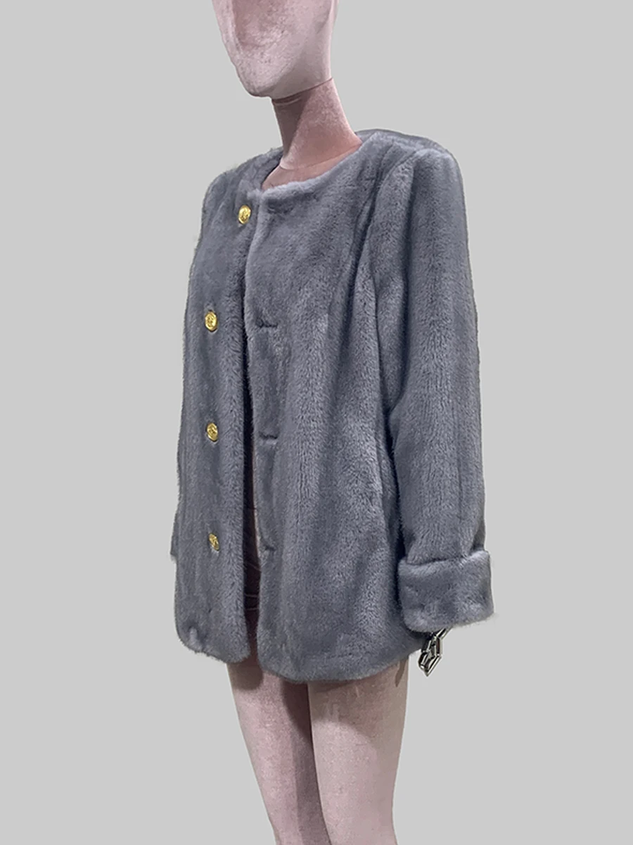 Nerazzurri Autumn Winter Thick Warm Soft Faux Mink Fur Coat Women Long Sleeve Gold Buttons Elegant Luxury Chic Fluffy Jacket