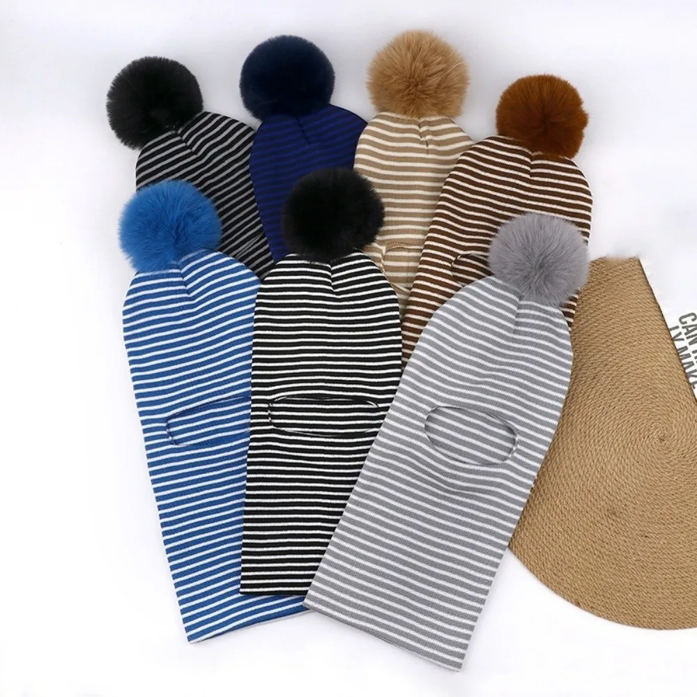 Striped Pattern Balaclava Hat Pom Pom Design One-Piece Construction Integrated Scarf Hat Warm Fleece Lining Neck Protection