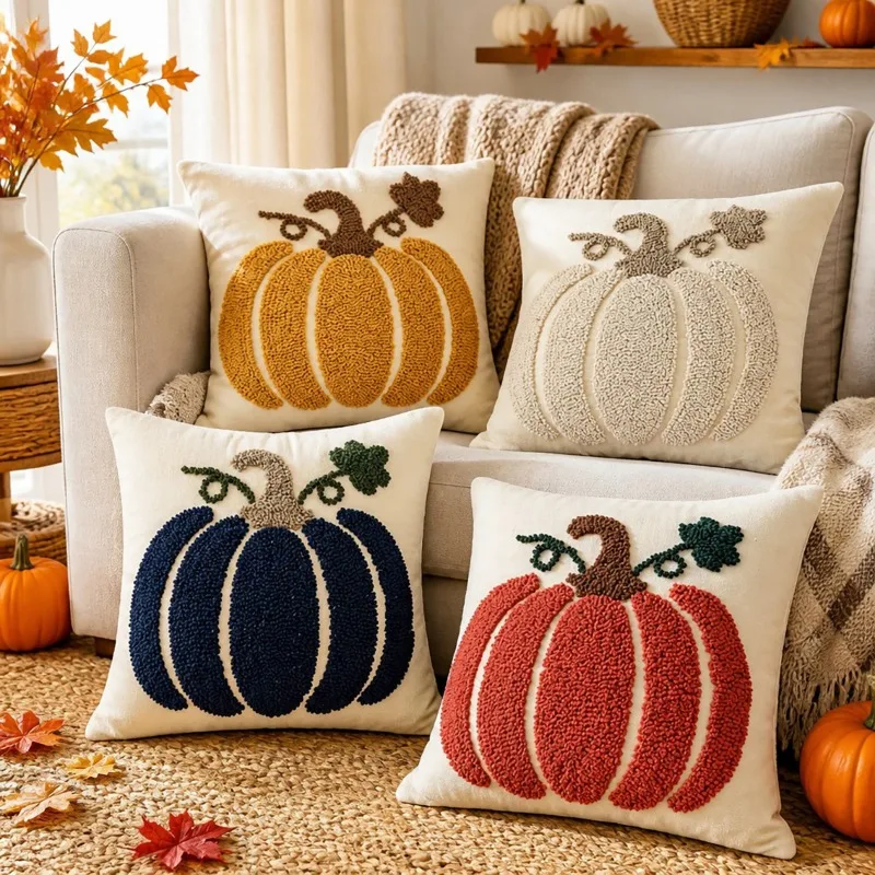 3D Halloween Tuft Embroidery Pumpkin Cushion Cover Thanksgiving Fall Farmhouse 45cm Throw Pillow Case Sofa Bedroom Car Decor