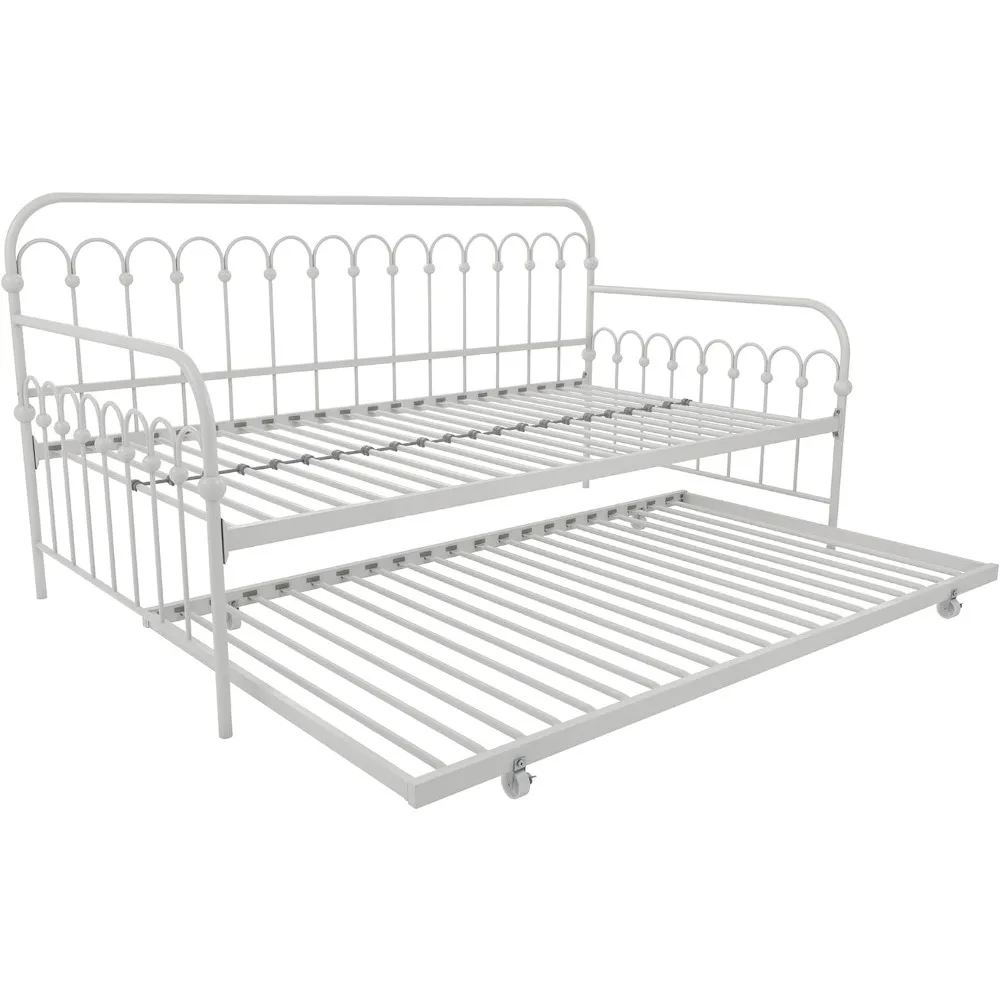 Pop Twin Metal Daybed and Trundle, Stylish & Multifunctional, Built-in Casters, White